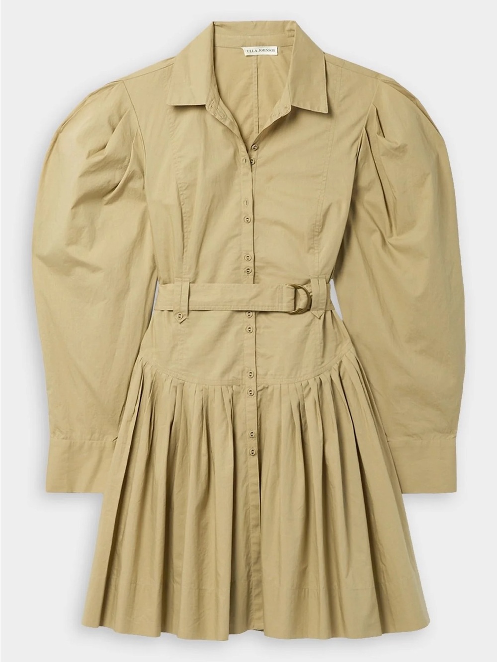 Ulla Johnson Vivenne Tan Belted Puff-Sleeve Shirtdress (Dune)